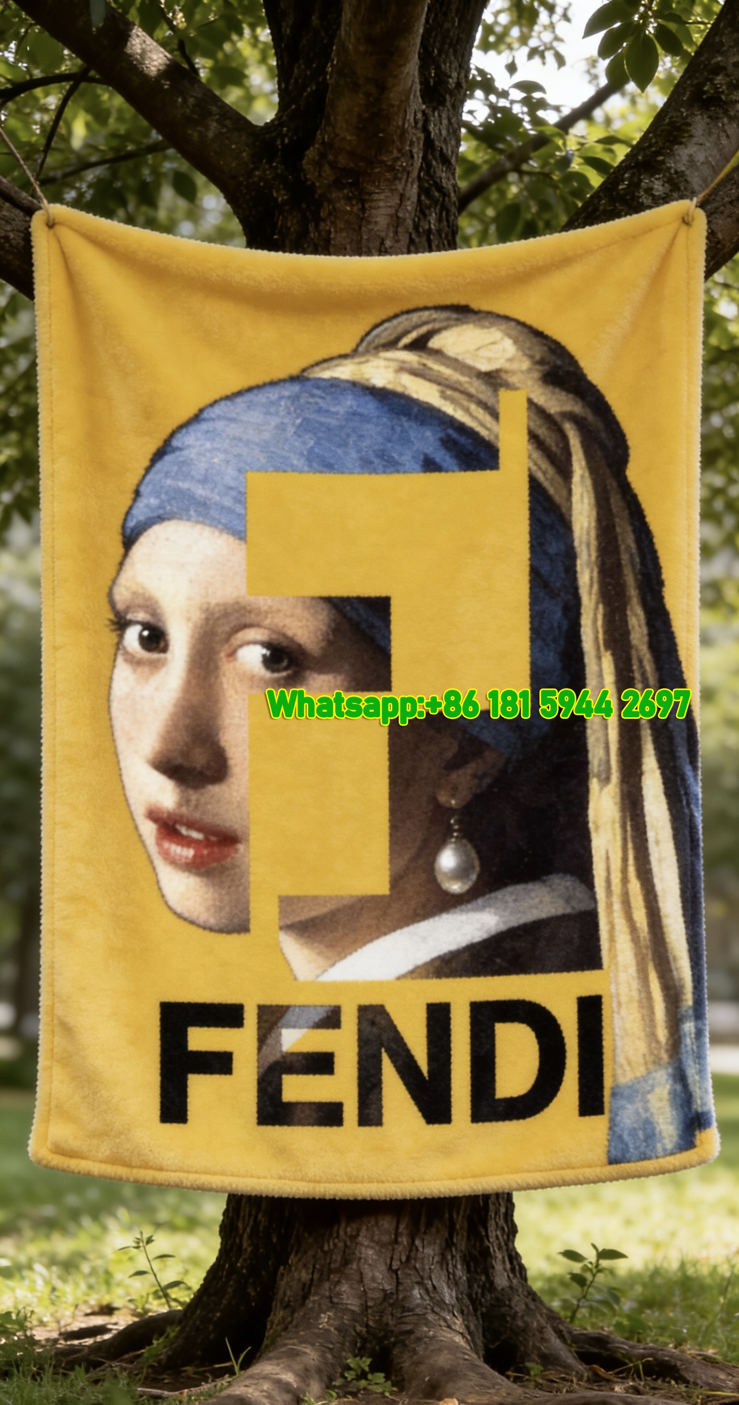 Fendi Girl with a Pearl Earring Art FF Monogram Flannel Sofa Throw Blanket IMG_9400